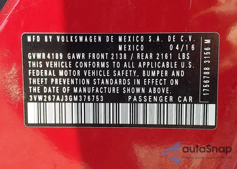 2016 Volkswagen Jetta 1.4T S z USA, uszkodzony, nr VIN 3VW267AJ3GM376753